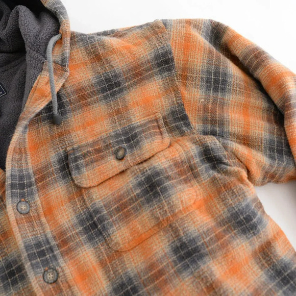 VTG Route 66 Orange And Gray Plaid Fleece Lined Button Up Hooded Sweater  Jacket - Picture 9 of 11